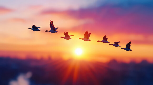 Flying birds at sunset create serene and picturesque scene, showcasing nature beauty and tranquility