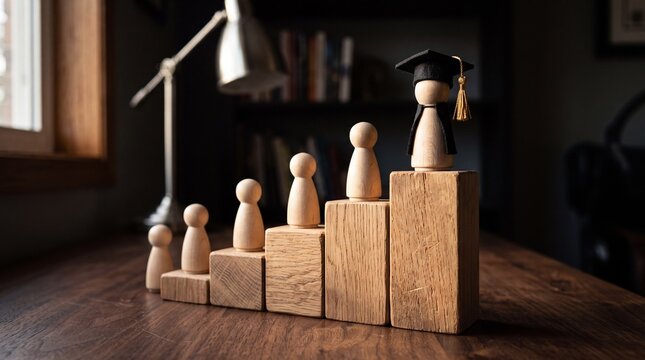 Wooden peg doll with graduation mortarboard on ascending wooden blocks, representing academic achievement, professional career growth and the rising champion.
