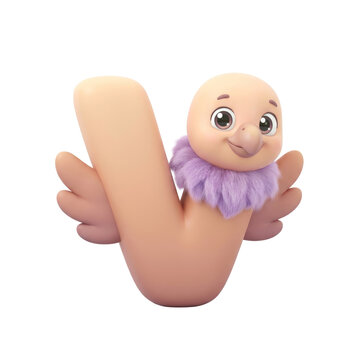Cute 3D character of letter V shaped like bird with friendly smile and purple fluffy collar, ideal for children educational content