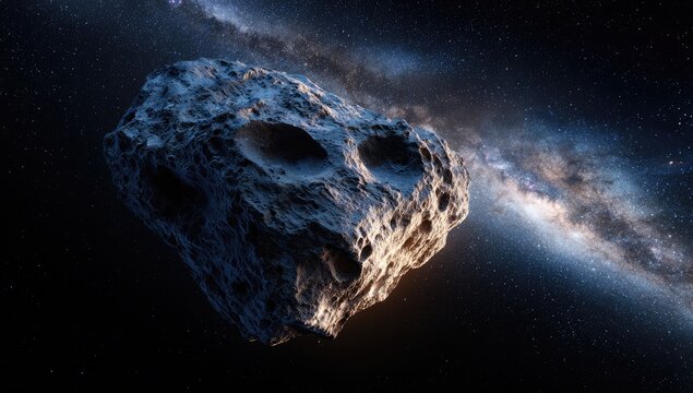 A large, craggy asteroid drifts through space with the Milky Way galaxy visible behind it