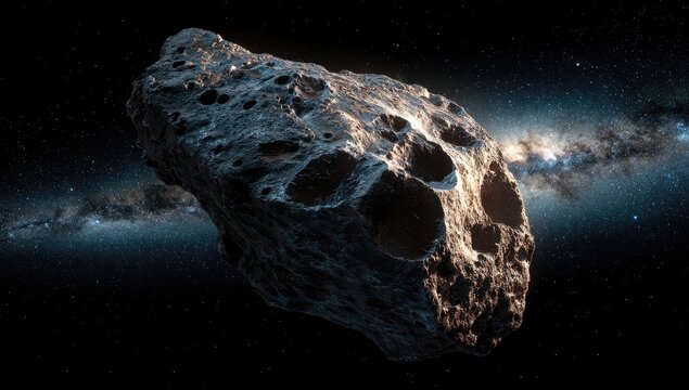 Cratered asteroid floating in dark space with a distant galaxy visible in the background