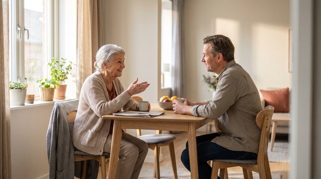 Senior Mother Talking with Adult Son at Dining Table in Bright Modern Home