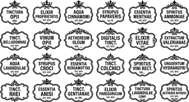 Vintage apothecary label and antique remedy jar sticker vector silhouette frame icon set with ornate crowns for pharmacy elixir design.