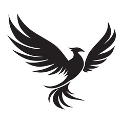 Fototapeta premium Black phoenix bird silhouette icon, mythical fire bird rising with spread wings vector