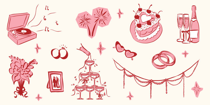 Whimsical coquette wedding elements. Vintage cute symbols with ribbon and bow in simple chalk sketch style. Trendy art for Valentine day and bachelorette invitations. Doodle vector illustration