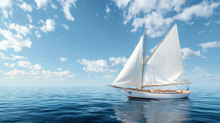 Fototapeta premium Sailboat gliding across calm ocean waters under bright blue sky with fluffy clouds, creating serene and peaceful atmosphere