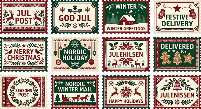 Vintage Scandinavian Christmas postage stamp vector illustrations set featuring Nordic winter greetings and festive holiday mail labels.
