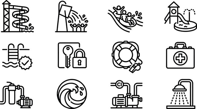 Water park and swimming pool amenities line vector icon set with water slide splash bucket locker wave and pump equipment.