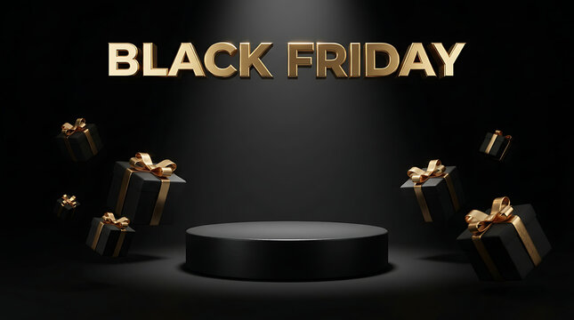 Black Friday gold text with empty product podium and floating gift boxes on black background