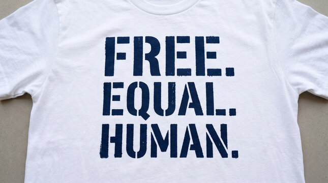 White t shirt with dark blue stencil text reading free equal human printed on the front with stencil font with white cotton, bold dark, typography, clothing