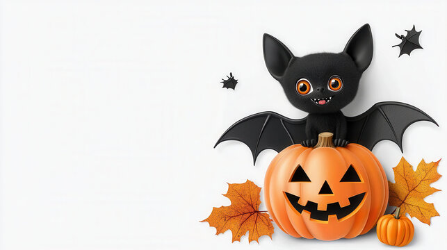 Cute bat character sitting on pumpkin with playful expression, surrounded by autumn leaves and small bats, perfect for Halloween themes