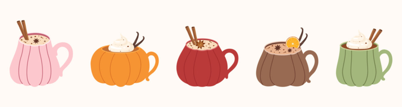 Cozy autumn pumpkin spice latte hot chocolate drink cup element set with cinnamon sticks