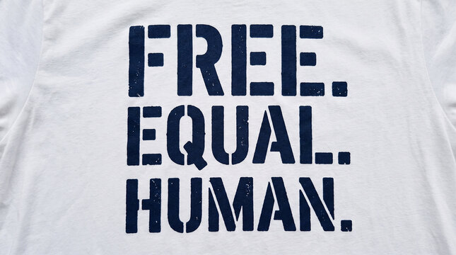 White t shirt with dark blue stencil text reading free equal human printed on the fabric with stencil lettering spells shirt
