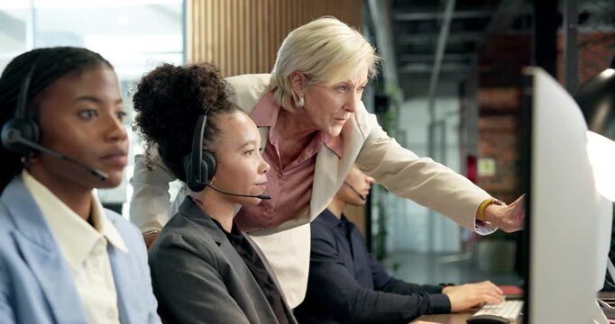 Call center, manager and help for training with computer, crm system guidance or support. Women, mentoring and assistance with tech for customer service, teaching intern and telecom supervision