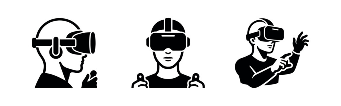 Virtual reality headset vector icon set. People using VR glasses for gaming, metaverse, and immersive experience.