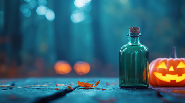 Glowing green potion bottle stands on wooden table surrounded by autumn leaves and carved pumpkins, evoking mysterious Halloween atmosphere