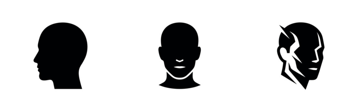 Human head silhouette vector icon set. Profile view, front view, and fractured head for mental health or abstract concepts.