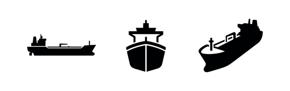Ship and cargo vessel vector icon set. Tanker, freighter, and maritime transportation symbols.