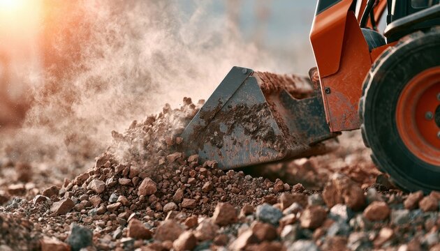 Front loader bucket scooping gravel at a construction site
