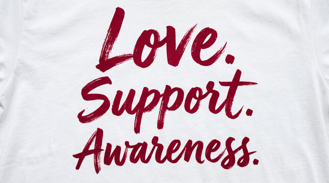 Red text printed on a white t shirt reading love support and awareness for social campaigns with lettering white fabric brush style lettering words love