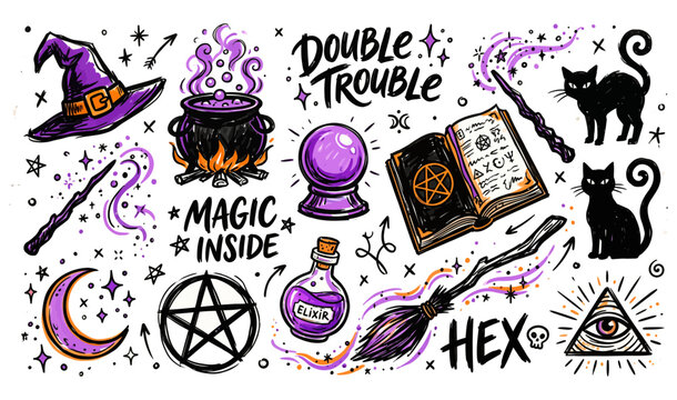 Mystical witchy doodles featuring magic potions, witch hats, crystals, moons, stars, cats, magical symbols, and enchanted elements in a whimsical style.