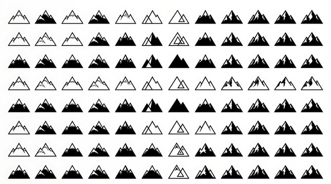 Set of minimalist mountain icons in black and white vector graphic grid
