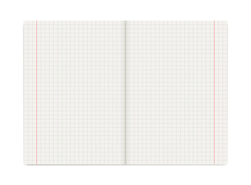Squared notebook. Blank graph paper notebook page with red margin lines for writing, studying and notes. Vector