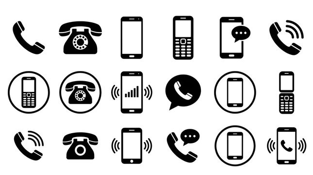 Minimalist phone icon set featuring mobile devices and classic telephone symbols.