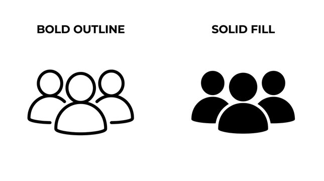 Three person group vector icons with bold outline and solid fill styles for UI design
