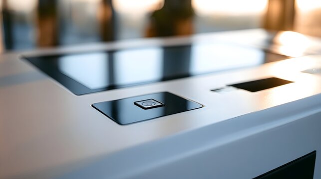 Modern self service kiosk with sleek touch panel and card reader under soft morning light in a clean indoor setting