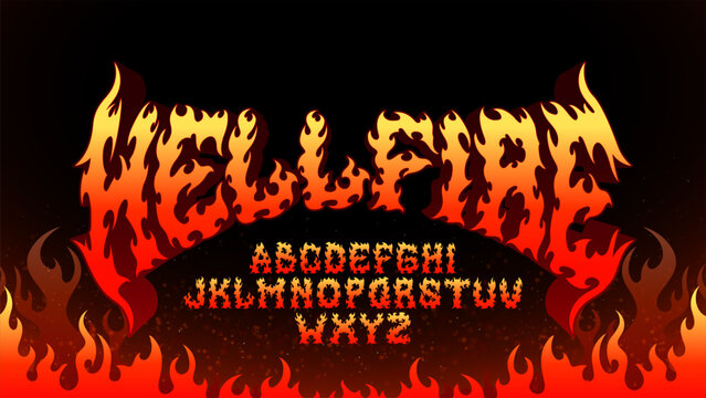 Burning flame font alphabet. Flaming uppercase display typeface with decorative neo tribal style. Isolated vector