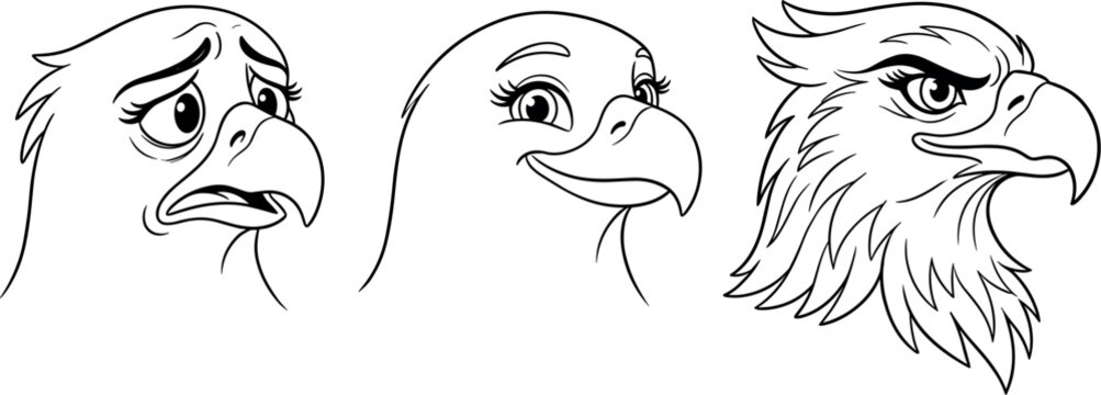 Cartoon eagle head vector outline icon set with different facial expressions for coloring pages and mascots