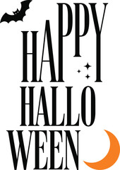 Obraz premium Happy Halloween Vertical Typography Vector With Bat Orange Crescent Moon And Stars Isolated On White Background