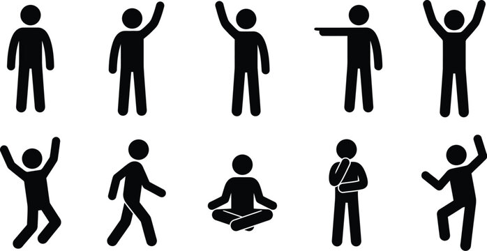 Pictogram human figures showing various poses and actions black silhouettes