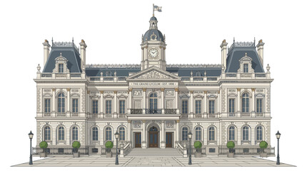 Obraz premium European mansion building elevation vector with mansard roof and classical columns