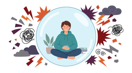 Obraz premium Man sits peacefully meditating inside a transparent protective bubble while chaos and stress rage outside.