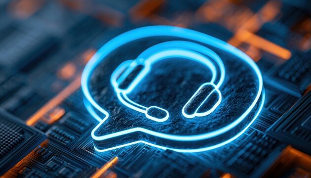 Glowing blue neon chat bubble with headset on dark circuit board