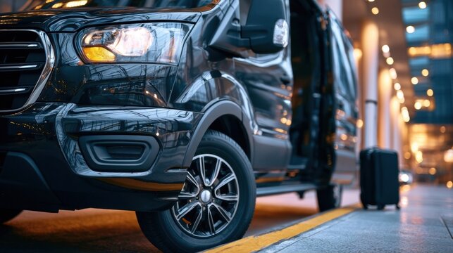 Glossy black commercial van parked on a city street at night with open side door and suitcase nearby