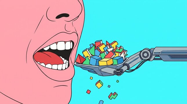 Surreal pop art illustration of a robotic arm spoon-feeding data blocks to a human, concept of AI machine learning and digital information consumption