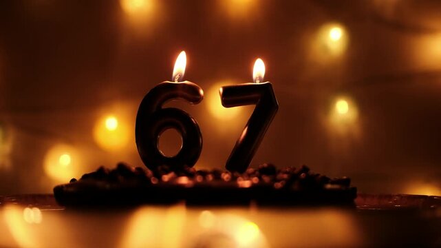 Number candles 67 burn on a cake and are blown out at the end. Warm festive lights in the background create a cozy birthday celebration mood