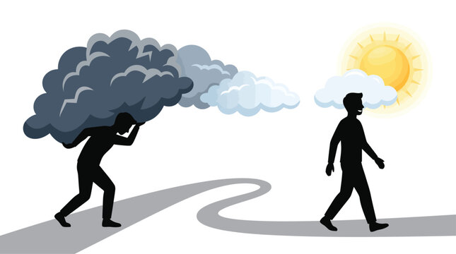 Silhouettes of two people on a path contrast the heavy burden of depression with the lightness of mental recovery.