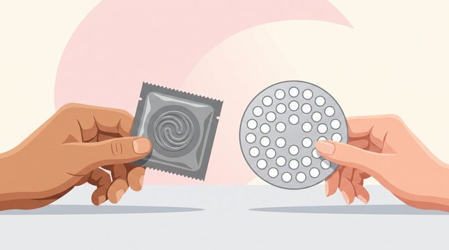 Contraception methods illustration, hands holding condom and birth control pills, sexual health and family planning concept