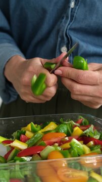 Woman Cutting A Green Pepper For A Salad From Vegetables. Vertical video