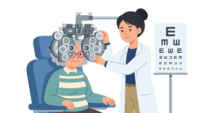 Optometrist examining senior woman's eyesight using a phoropter device in an eye clinic.