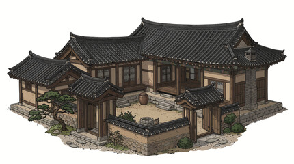 Fototapeta premium Isometric Korean traditional house with courtyard pine trees and tiled roof