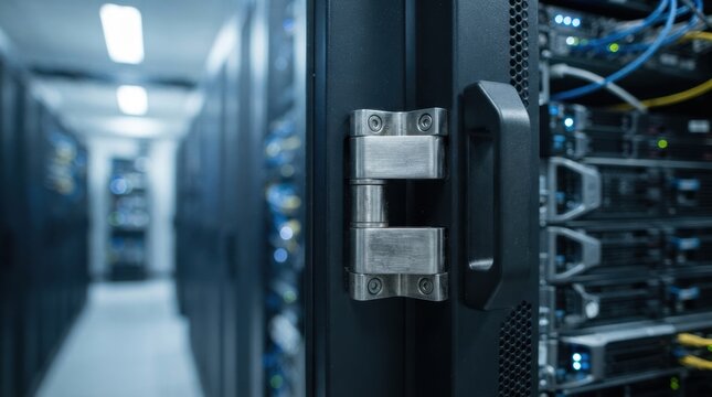 Close-up of metallic hinge on secure server rack door in data center aisle
