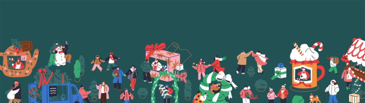 Merry Christmas banner design with tiny people celebrating winter holiday outdoors. Xmas festive seasonal market, New Year fair border, panoramic horizontal background. Flat vector illustration.