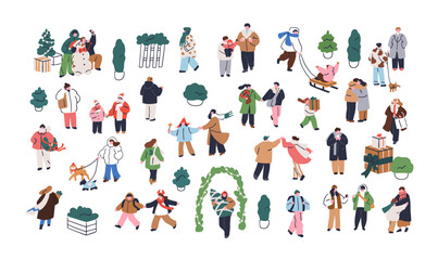 Fototapeta premium Tiny people shopping at Christmas market, winter holiday fair. Seasonal Xmas, New Year bazaar with outdoor stalls, festive booths, street kiosks. Flat vector illustration isolated on white background.