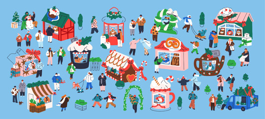 Naklejka premium Happy merry tiny people at traditional Christmas fair. Winter holiday market with festive stalls, booths, stands, kiosks. Xmas or New Year vacation bazaar, festival. Flat isometric vector illustration