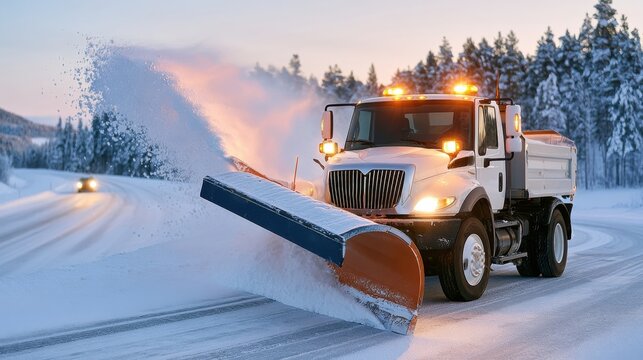 Snow plough truck with large blade clearing snow from winter road at sunset